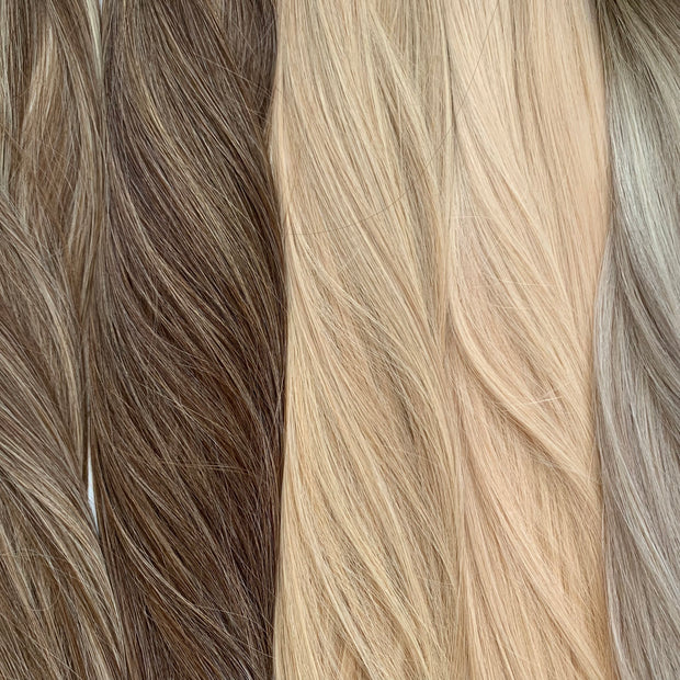 "Ethically produced Australian nanotip hair extensions in piano shades, double drawn, sourced from a single donor, 100% human virgin hair, thick from root to tip for a full, luxurious look