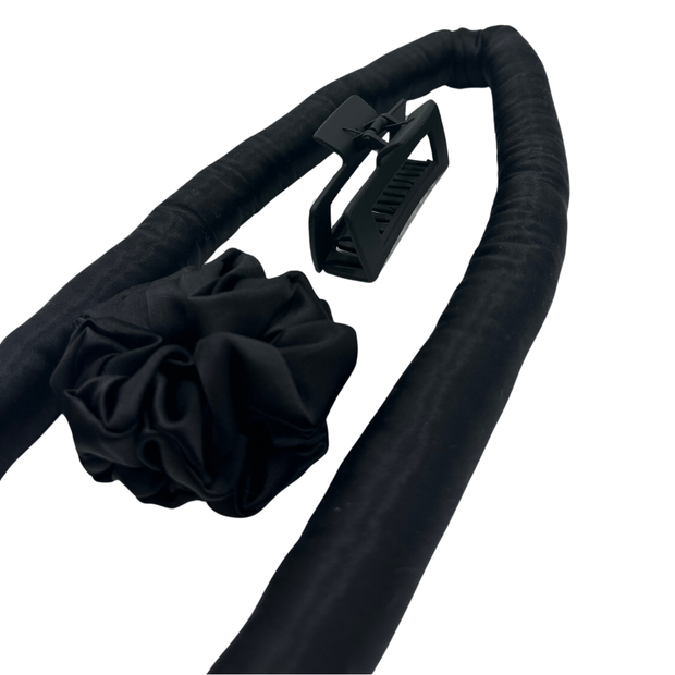 Close-up of the 100% Mulberry Silk Heatless Curler Curling Kit laid out neatly. Achieve flawless curls without heat damage, using our gentle and non-damaging styling tool made from luxurious silk.