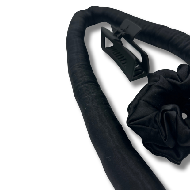 Detailed image of the components of the 100% Mulberry Silk Heatless Curler Curling Kit. Enhance your hair effortlessly with this innovative, non-damaging styling solution designed for superior care and stunning curls