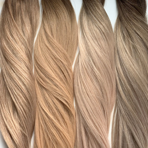 Double drawn Australian nanotip hair extensions, sourced from a single donor, 100% human virgin hair, thick from root to tip, ethically produced, available in bespoke and piano shades.