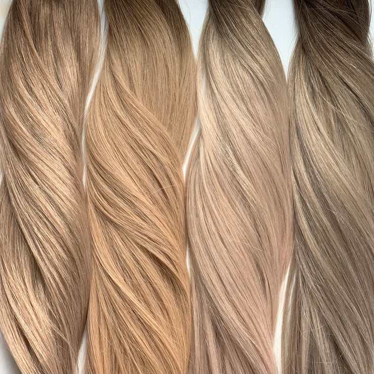 Double drawn Australian nanotip hair extensions, sourced from a single donor, 100% human virgin hair, thick from root to tip, ethically produced, available in bespoke and piano shades.