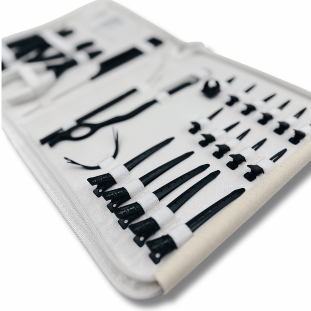 Professional Hair Extensions Kit with bead opener, pin tail comb, razor, 3 needles, threader (plus extra loop), 10 small section clips, 5 medium sectioning clips, grippers, sectioning ring, pliers, and bond cutter. Complete hair extension tools set for efficient and precise hair extension application. Ideal for hair stylists and salons