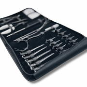 Professional Hair Extensions Kit with bead opener, pin tail comb, razor, 3 needles, threader (plus extra loop), 10 small section clips, 5 medium sectioning clips, grippers, sectioning ring, pliers, and bond cutter. Complete hair extension tools set for efficient and precise hair extension application. Ideal for hair stylists and salons