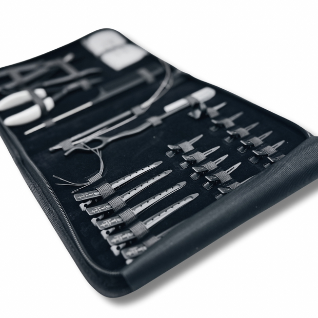 Professional Hair Extensions Kit with bead opener, pin tail comb, razor, 3 needles, threader (plus extra loop), 10 small section clips, 5 medium sectioning clips, grippers, sectioning ring, pliers, and bond cutter. Complete hair extension tools set for efficient and precise hair extension application. Ideal for hair stylists and salons