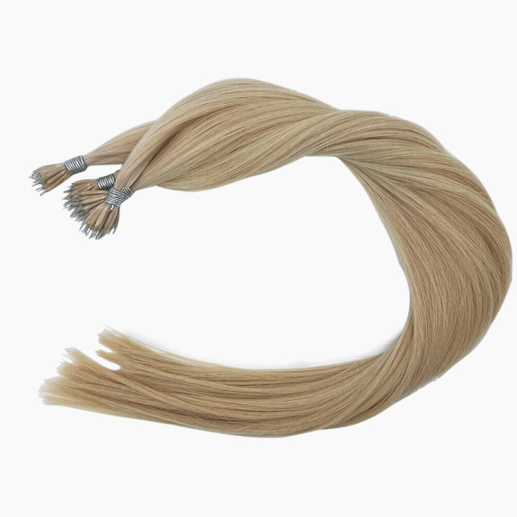 Ethically produced Australian nano tip hair extensions in highlighted  piano shades, double drawn, sourced from a single donor, 100% human virgin hair, thick from root to tip for a full, luxurious look