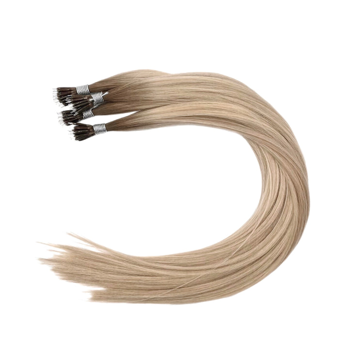 Custom bespoke shades Australian nanotip hair extensions from a single donor, 100% human virgin hair, double drawn, thick from root to tip, ethically produced