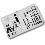 Professional Hair Extensions Kit with bead opener, pin tail comb, razor, 3 needles, threader (plus extra loop), 10 small section clips, 5 medium sectioning clips, grippers, sectioning ring, pliers, and bond cutter. Complete hair extension tools set for efficient and precise hair extension application. Ideal for hair stylists and salons