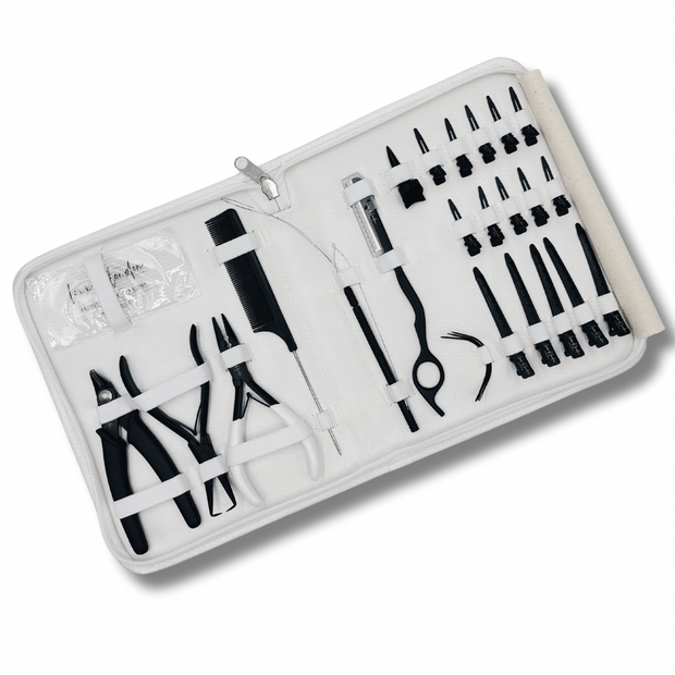 Professional Hair Extensions Kit with bead opener, pin tail comb, razor, 3 needles, threader (plus extra loop), 10 small section clips, 5 medium sectioning clips, grippers, sectioning ring, pliers, and bond cutter. Complete hair extension tools set for efficient and precise hair extension application. Ideal for hair stylists and salons