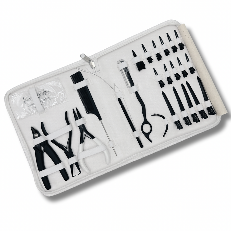 Professional Hair Extensions Kit with bead opener, pin tail comb, razor, 3 needles, threader (plus extra loop), 10 small section clips, 5 medium sectioning clips, grippers, sectioning ring, pliers, and bond cutter. Complete hair extension tools set for efficient and precise hair extension application. Ideal for hair stylists and salons