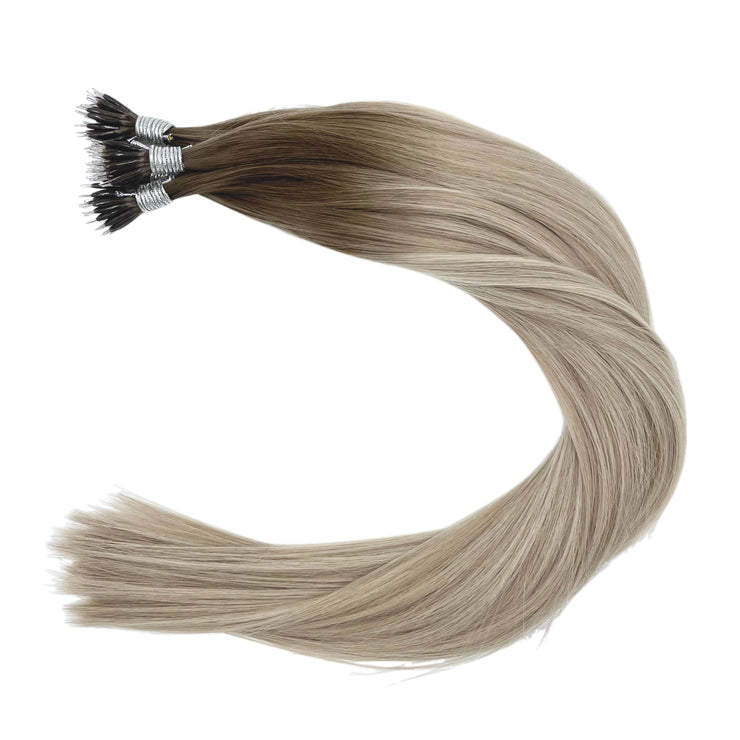 Custom bespoke shades Australian nanotip hair extensions from a single donor, 100% human virgin hair, double drawn, thick from root to tip, ethically produced