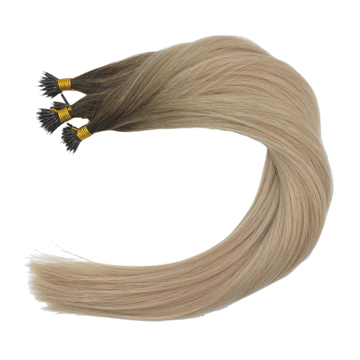 Custom bespoke shades Australian nanotip hair extensions from a single donor, 100% human virgin hair, double drawn, thick from root to tip, ethically produced