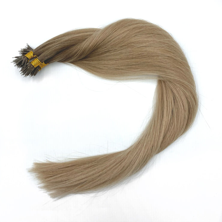 Custom bespoke shades Australian nanotip hair extensions from a single donor, 100% human virgin hair, double drawn, thick from root to tip, ethically produced