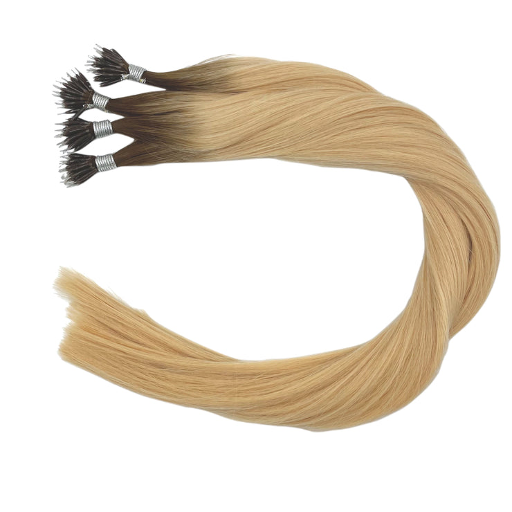 Double drawn Australian nanotip hair extensions, sourced from a single donor, 100% human virgin hair, thick from root to tip, ethically produced, available in bespoke and piano shades.