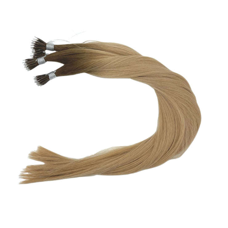 Double drawn Australian nanotip hair extensions, sourced from a single donor, 100% human virgin hair, thick from root to tip, ethically produced, available in bespoke and piano shades.
