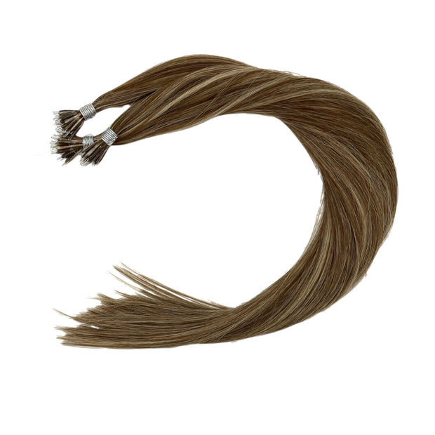 Ethically produced Australian nano tip hair extensions in highlighted  piano shades, double drawn, sourced from a single donor, 100% human virgin hair, thick from root to tip for a full, luxurious look