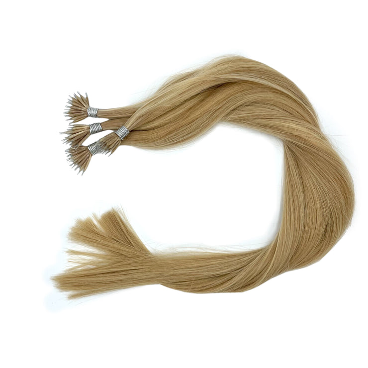Ethically produced Australian nano tip hair extensions in highlighted  piano shades, double drawn, sourced from a single donor, 100% human virgin hair, thick from root to tip for a full, luxurious look
