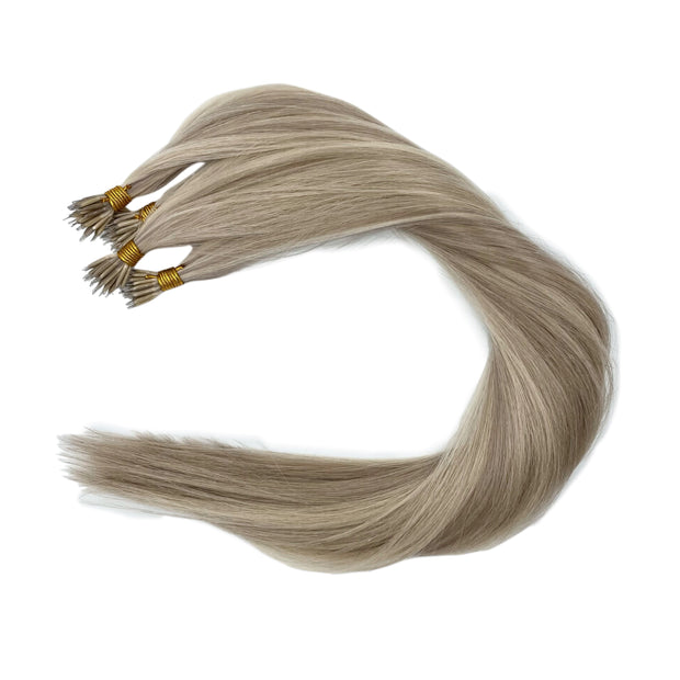 Ethically produced Australian nano tip hair extensions in highlighted  piano shades, double drawn, sourced from a single donor, 100% human virgin hair, thick from root to tip for a full, luxurious look