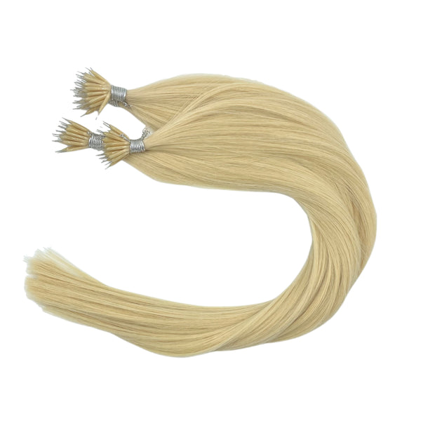 Solid shades double drawn Australian nanotip hair extensions, sourced from a single donor, 100% human virgin hair, thick from root to tip, ethically produced for premium quality and volume
