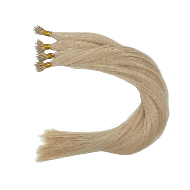 Solid shades double drawn Australian nanotip hair extensions, sourced from a single donor, 100% human virgin hair, thick from root to tip, ethically produced for premium quality and volume
